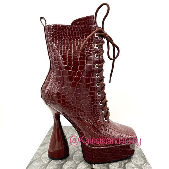 Sold- Azalea Wang Enzo Brown Faux Leather Croc Dolls Kill Platform Heel Boot - Picture 2 of 10